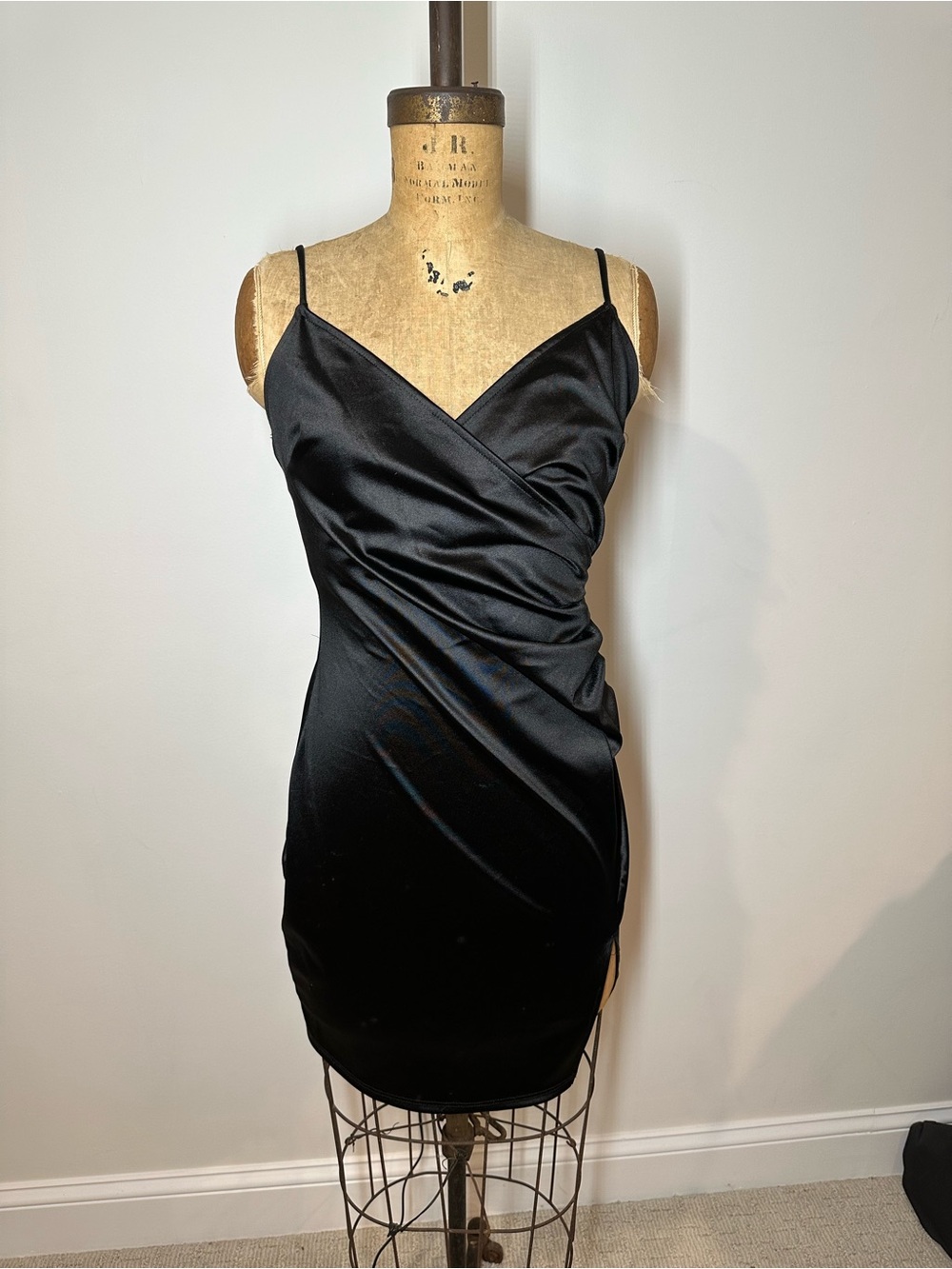 Blue Blush Black Satin Wrap-Front Mini Dress